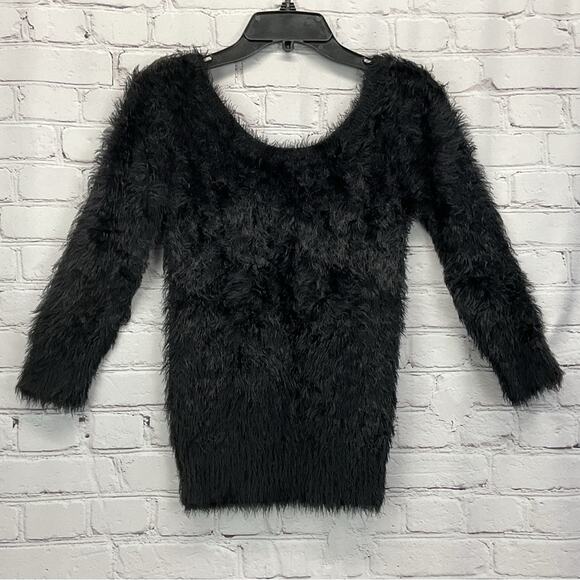Hot Topic Eyelash Sweater Women's Size L Black Cozy Stretch Scoop Neck V Back - Picture 1 of 8